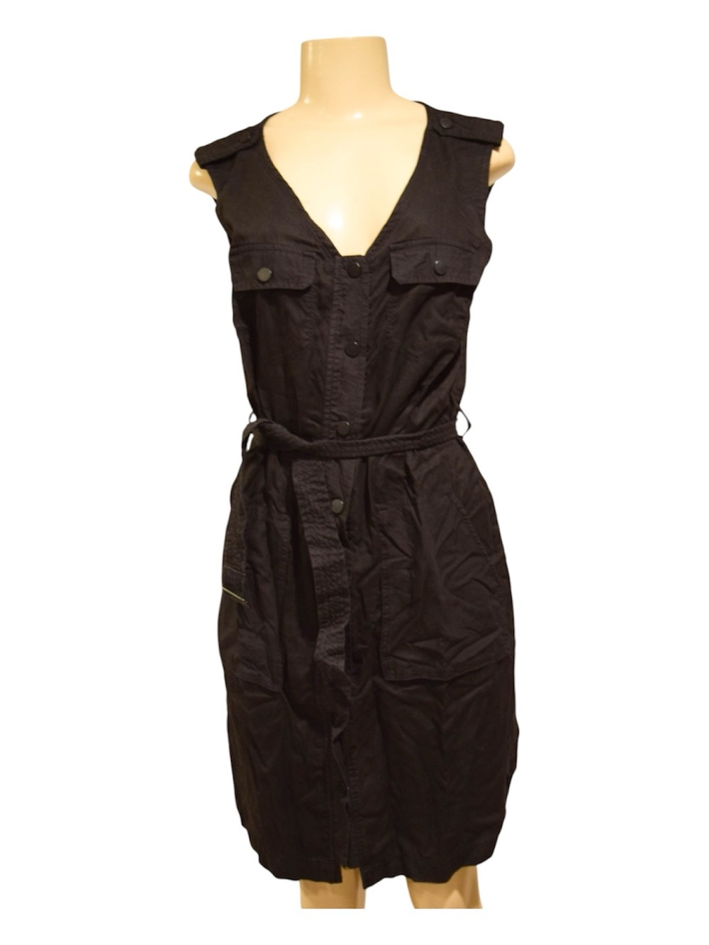 Calvin Klein Black Sleeveless Button-Front Midi Shirt Dress with Tie Waist